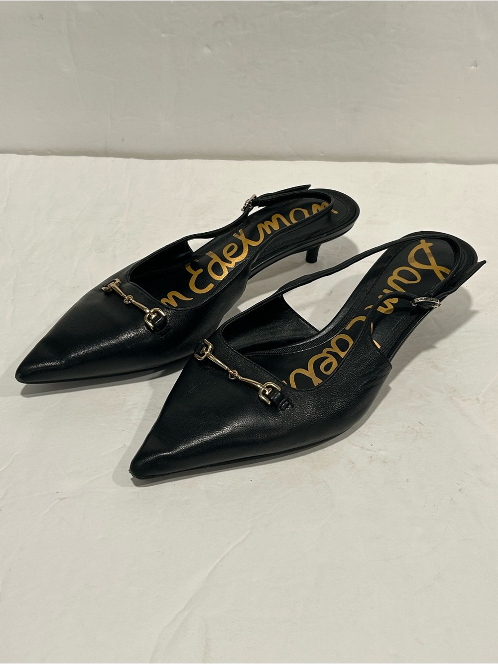 Sam Edelman "Farrah" Black Leather Horsebit Slingback Kitten Heels - Size 6W